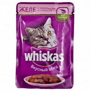 5000159373210 - Полнорационный консервированный корм "Whiskas" Для взрослых кошек, вкусный обед, желе с креветками и лососем , 100г