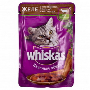 5000159404327 - Полнорационный консервированный корм "Whiskas" Для взрослых кошек, вкусный обед, желе с говядиной, печенью и овощами , 100г
