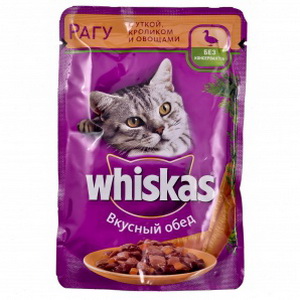 5000159404365 - Полнорационный консервированный корм "Whiskas" Для взрослых кошек, вкусный обед, рагу с уткой, кроликом и овощами , 100г