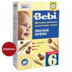 3838471016612 — Каша "Bebi" рисовая молочная Лесные орехи с 6 месяцев 250г.