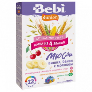3838471018548 — Беби Юниор - каша `Мюсли с вишней, бананом и молоком` из 4-х злаков, 12 мес., 200/18