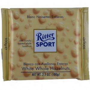 4000417013002 — "RITTER SPORT", Шоколад белый с цельным лесным орехом и рисовыми хлопьями, 100г. 
