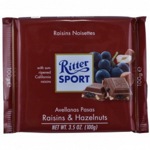 4000417022004 — Шоколад молочный с лесным орехом и калифорн. изюмом Ritter Sport, 100 г. Германия