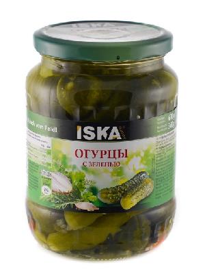 4002442810953 — Огурчики "Иска" корнишоны с зеленью ст/б 350гр.