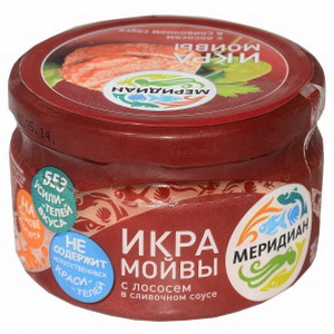 4601132997501 — Икра мойвы соленая в сливочном соусе копченым лососем 180 г. /меридиан/