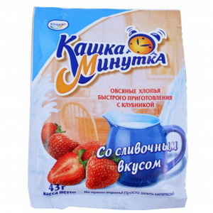 4601159073332 — Овсяные хлопья быстрого приготовления со сливками "Кашка Минутка" с клубникой, 43г.