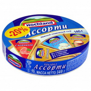4607004890123 — Сыр плавленный "Hochland" Ассорти. 4 сливочных , 2 с ветчиной, 2 с грибами.