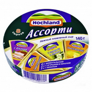 4607004890338 — Сыр плавленный "Hochland" Ассорти. 4 эмментальских , 2 с беконом, 2 с огурцами и укропом.