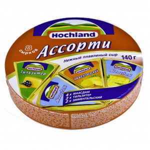 4607004890932 — Сыр плавленный пастообразный "hochland" ассорти (4 Маасдам, 2 Тильзитер, 2 эмментальский), 140 гр