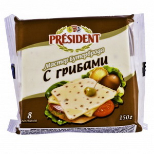 4607037121621 - Сыр плавленый ломтевой С ГРИБАМИ "PRESIDENT", 8 ломтиков, 150 г.