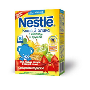 4607150088825 - Каша "Nestle" 3 злака с яблоком и грушей молочная, 250 г.