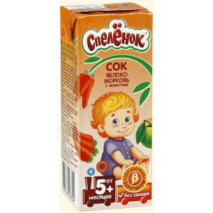 4607163093342 — Сок для детского питания "Спелёнок" Яблочно-морковный с мякотью, обогащенный В-каротином, восстановленный, стерилизован и асептически расфасован, гомогенизированный, 0,2л