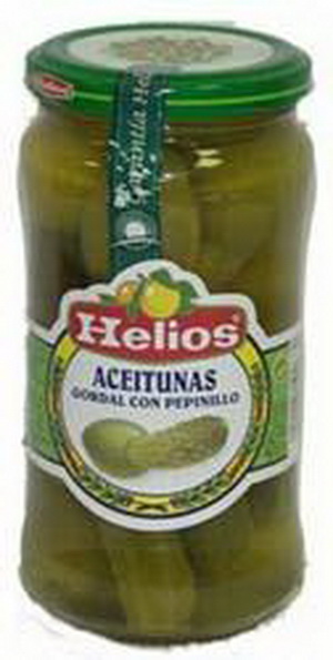 8410095500682 — Оливки на огурчиках Aceitunas gordal con pepenillo "Helios" с/б, 345г