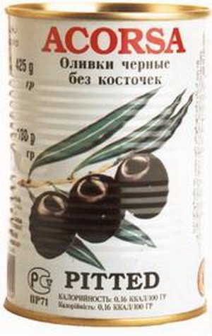 8428916010104 — Оливки ACORSA черные без косточки ж/б, 425г. 